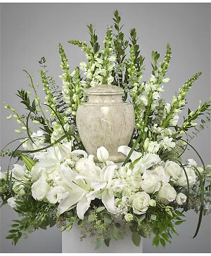 STUNNING WHITE URN TRIBUTE