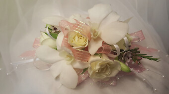 TROPICAL SPLENDOR WRIST CORSAGE ORDHIDS &amp; ROSES