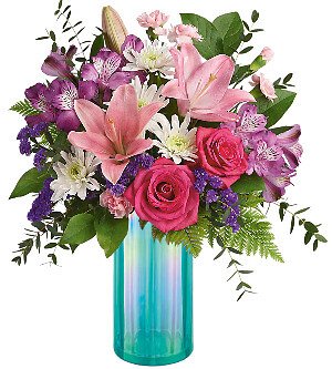 PRETTY &amp; POSH IN A AQUA IRIDESCENT GLASS VASE